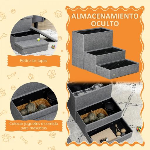 Escalera para Mascotas de 3 Peldaños Escalones para Perros Gatos con Espacio de Almacenamiento 63,5x42,5x40,5 cm Gris [4]