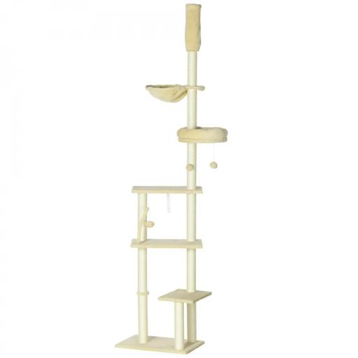 Árbol para Gatos de Suelo a Techo de 230-250 cm con Altura Ajustable Múltiples Plataformas Cestos Hamaca Bolas Beige [8]