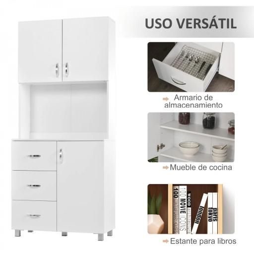 Armario de Cocina Moderno Aparador de Comedor con 3 Cajones 3 Puertas y Estantes Ajustables 80x39,5x183,5 cm Blanco [2]