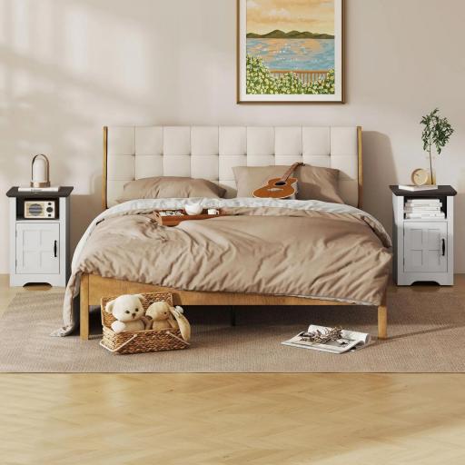 Mesitas de Noche Rústicas Mesas Auxiliares con Puerta Estilo Granero y Estante 40x35x60 cm Blanco y Marrón [6]