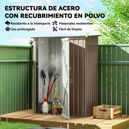 Cobertizo Exterior 1,07m² 142x84x189 cm con Puerta y Orificios de Drenaje para Almacenamiento de Herramientas Marrón [2]