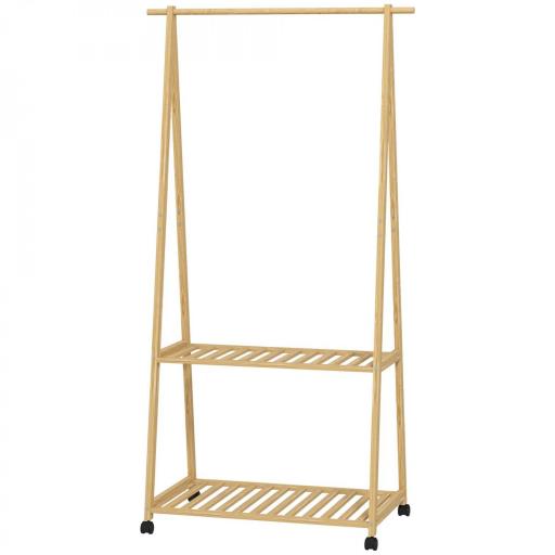 Perchero Burro para Ropa de Bambú con Ruedas 2 Estantes Abiertos y 2 Ganchos 84,5x43,5x158 cm Natural [8]