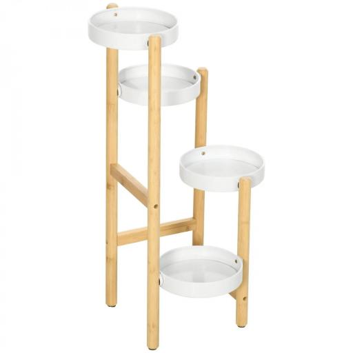 Soporte para Plantas con Patas de Bambú y 4 Estantes Metálicos Redondos Carga 20 kg Ø28x80 cm Natural y Blanco [10]