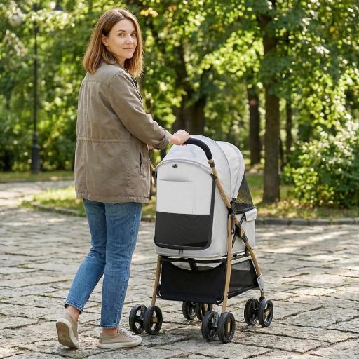 Carrito para Mascotas con 2 Puertas Ventana de Malla Cesta de Almacenamiento Cuerda de Seguridad 80x44,5x97 cm Gris Claro [6]