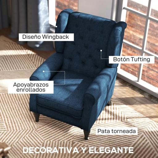 Sillón de Salón con Reposabrazos y Patas de Madera Butaca Carga 160 kg para Dormitorio Oficina Sala de Estar 74x86x102 cm Azul [2]