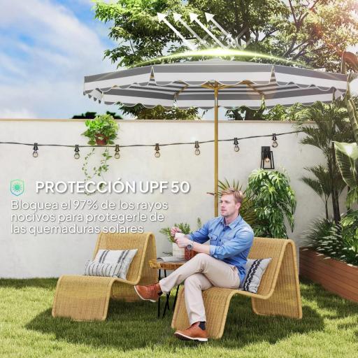 Sombrilla Grande con Protección UV 50+ y Toldo Ajustable para Jardín Patio y Terraza Ø2,68x2,37 m Rayas Gris y Blanco [3]