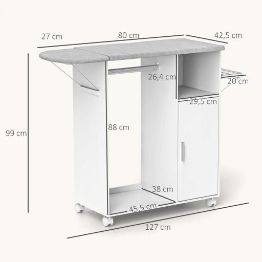 Mueble de Planchar con Ruedas Barra para Colgar Ropa Estante Abierto y Tablero Plegable 127x42,5x99 cm Blanco [1]