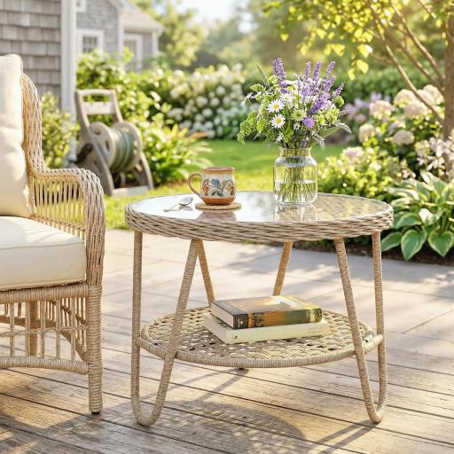 Mesa de Jardín Exterior de Ratán Mesita Auxiliar de Jardín con Estante Tablero de Vidrio Templado 65x65x50 cm Amarillo [2]