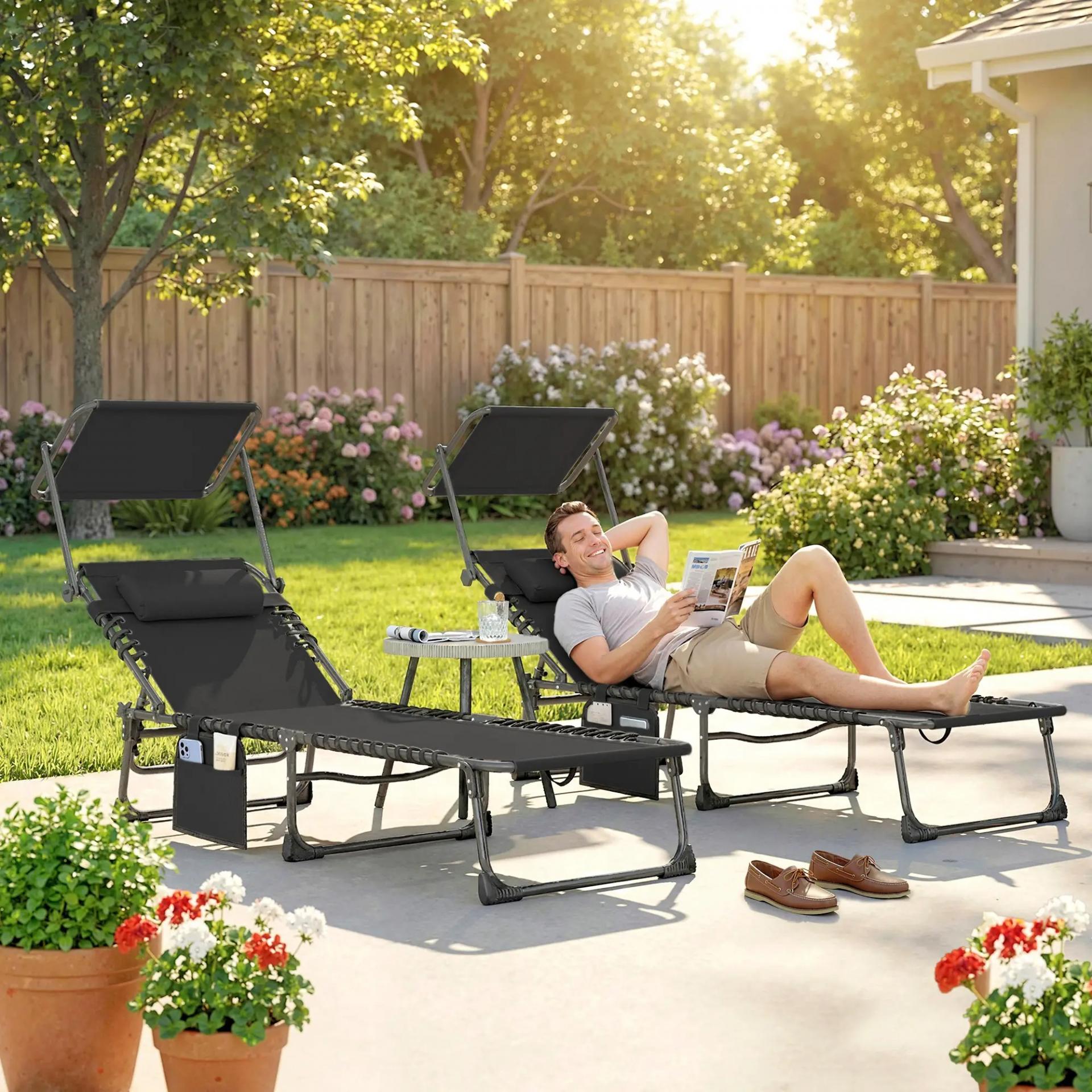 Set de 2 Tumbonas Plegables con Reposacabezas Parasol Bolsillo Lateral y Respaldo Reclinable en 5 Posiciones Negro