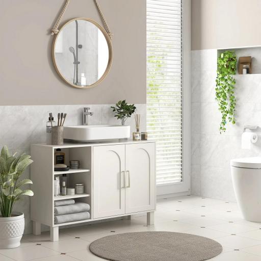 Mueble bajo Lavabo Mueble de Baño Moderno con 2 Puertas y Estantes Ajustables 90x30x63 cm Crema [0]
