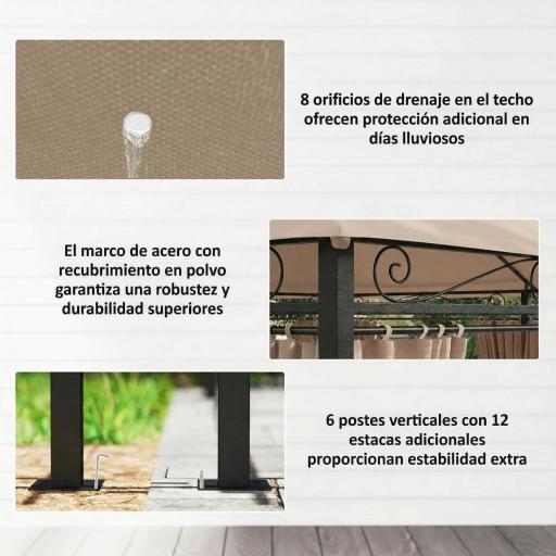 Cenador para Jardín 3x4 m Pabellón de Jardín Gazebo con Doble Techo 6 Paredes Laterales Estructura Metálica Caqui [3]
