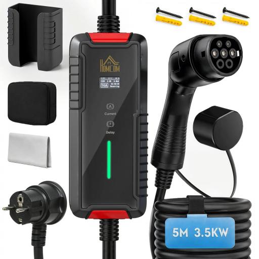 Cargador Coche Eléctrico Tipo 2 3,5kW 5m 6-16A Temporizador 1-12h Enchufe Schuko Pantalla LCD IP65 de Pared Bolsa Negro [15]
