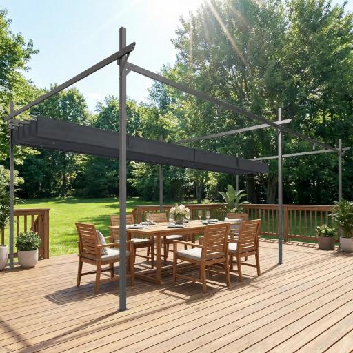 Pérgola de Jardín 6x3 m Gazebo con Techo Retráctil de Poliéster Resistente a los Rayos UV Gris Oscuro [2]