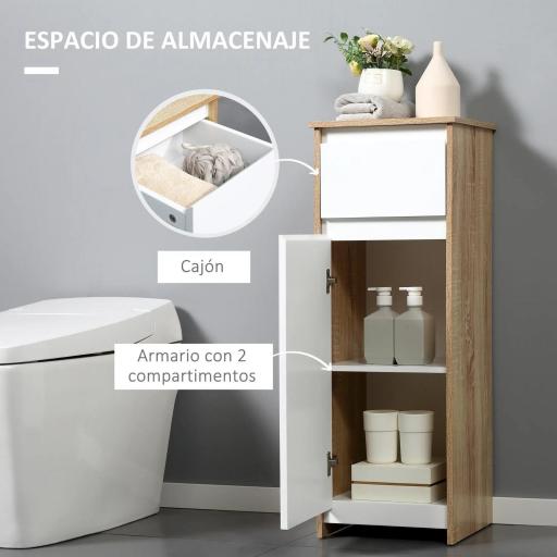 Armario Auxiliar de Baño con 1 Cajón y 1 Puerta Mueble Auxiliar de Baño para Salón Aseo Dormitorio Estilo Moderno Antivuelco 32,6x30x90 cm Blanco y Natural [2]