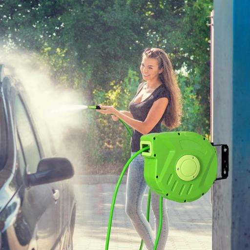 Carrete para Manguera Enrollable Carro de Manguera de Jardín 10m Roll-up Automático con Pistola de Pulverización