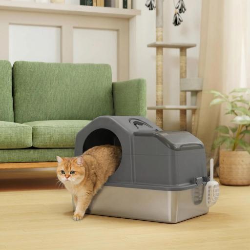 Arenero para Gatos Cubierto con Bandeja de Acero Inoxidable Tapa Extraíble Bordes Altos Fácil de Limpiar Gris Oscuro [2]