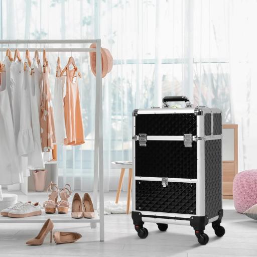 Maletín de Maquillaje Profesional con Cajón Maleta de Maquillaje con Ruedas para Viaje Trabajo 34x25x62 cm Negro