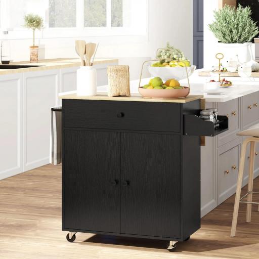 Isla de Cocina con Ala Abatible 2 Puertas Cajón Especiero Toallero y Estante Ajustable 106x42x87 cm Negro y Roble