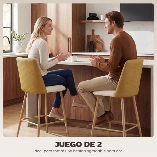 Juego de Taburetes Altos de Cocina con Respaldo y Reposapiés Tapizados de Lino y PU Marco de Acero Marrón [2]