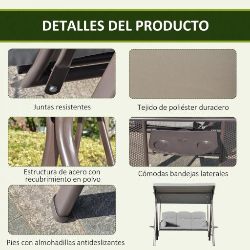 Columpio de Jardín de 3 Plazas con Estructura Metálica Toldo y Bandeja para Bebidas para Exterior 116x206x183 cm Gris [4]