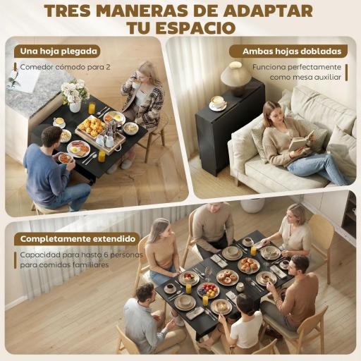 Mesa de Cocina Plegable con 2 Ruedas 2 Estantes de Almacenaje y 2 Alas Abatibles Estilo Moderno 75x140x74 cm Negro [2]