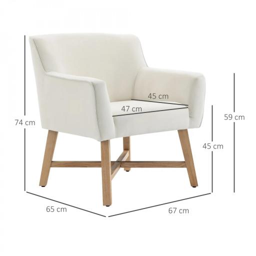 Butaca de Salón Tapizada en Terciopelo con Reposabrazos Acolchados y Patas de Madera Cruzadas 67x65x74 cm Blanco Crema [1]