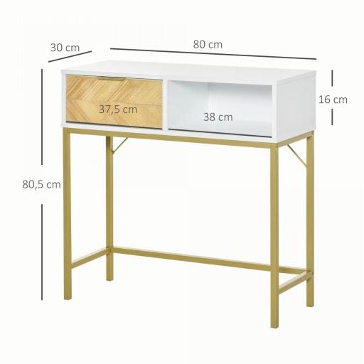 Consola para Recibidor Mueble para Recibidor Estilo Moderno con Cajón y Estante Abierto para Entrada Pasillo 80x30x80,5 cm Blanco y Dorado [1]