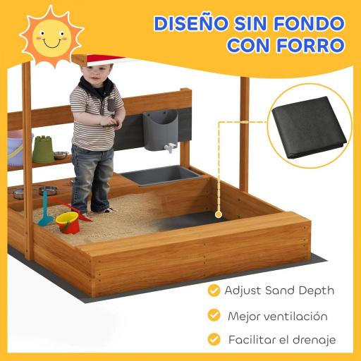 Arenero de Madera para Niños con Techo Regulable con Juguetes de Cocina Juego para Niños 3-7 Años 114x110x110 cm Marrón [5]
