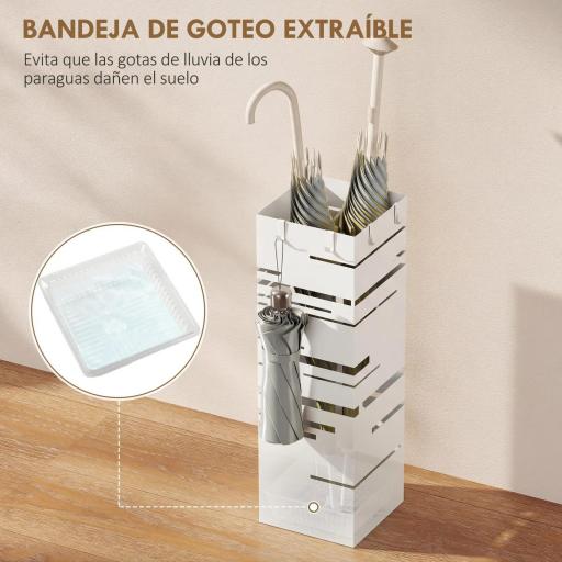 Paragüero Metálico con Bandeja de Goteo y 4 Ganchos, 15,5x15,5x49 cm, Blanco [2]