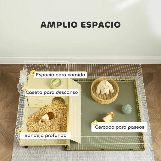 Jaula para Animales Pequeños con Corral Desmontable Cuenco Botella de Agua y Dispensador de Heno 108x71x57 cm Beige [4]