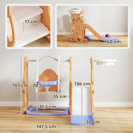 Tobogán Infantil con Columpio con Barandilla y Canasta 4 en 1 para Niños de +18 Meses 147,5x160x107 cm Naranja [2]