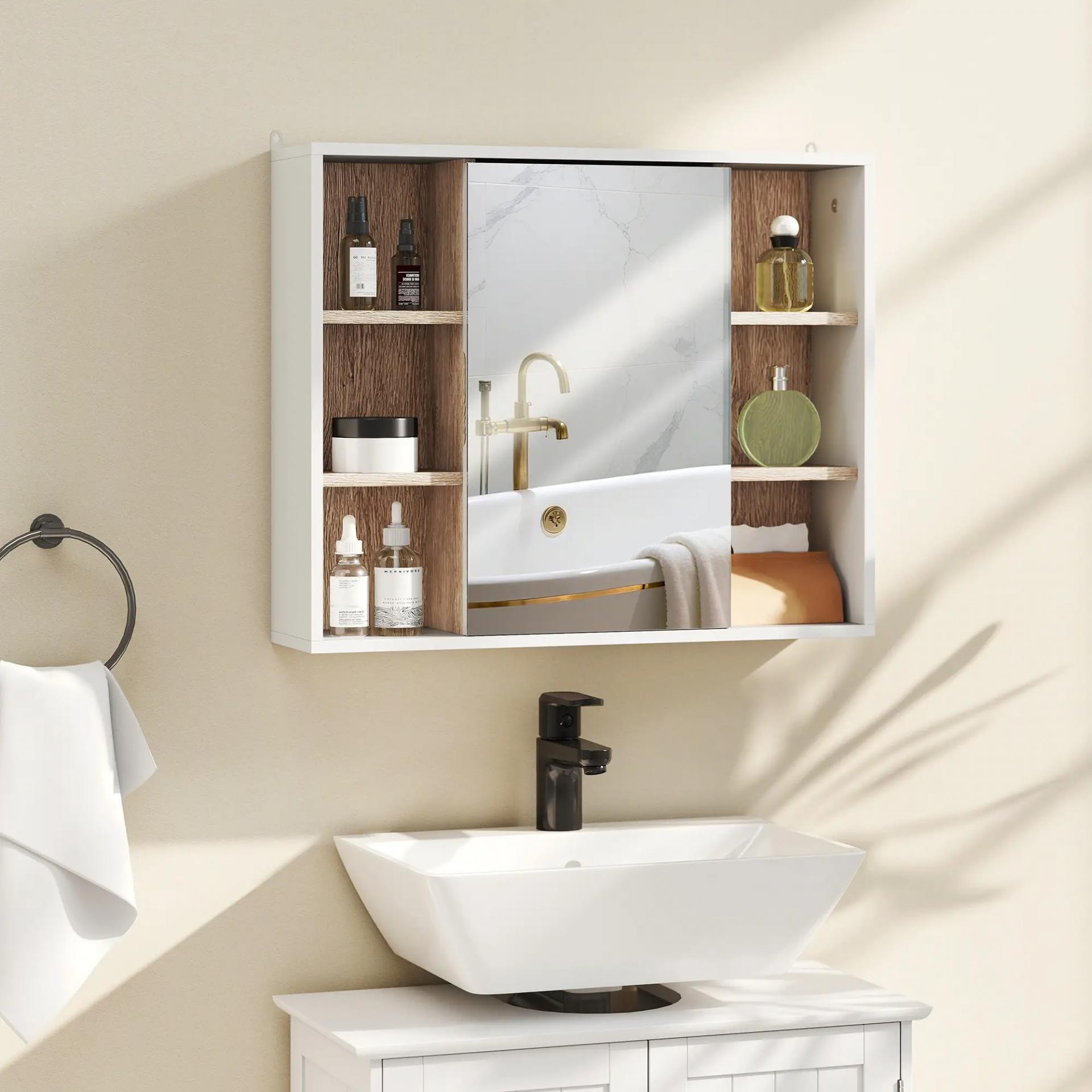 Armario Espejo con Espacio Interno con Estantes Ajustables Armario de Baño Montado en la Pared con Estantes Abiertos 60x14,5x49,4 cm Blanco y Roble