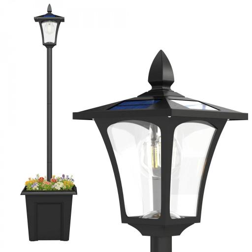 Farola Solar Exterior de Jardín con Macetero Poste de Aluminio IP44 Encendido/Apagado Automático 33x33x160 cm Negro [7]