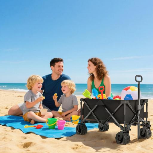 Carro de Playa Plegable con Ruedas Delanteras Giratorias 360° y Asa Telescópica 108x55x55 cm Negro [2]