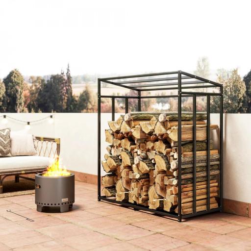 Leñero Exterior Metálico de Chimenea Soporte para Leña con Cubierta Impermeable Carga 300 kg 140x70x154 cm Negro [6]