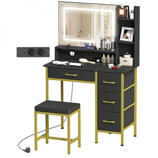 Tocador de Maquillaje con Espejo Luces LED Estación de Carga Taburete Estación de Carga 4 Cajones Negro [8]