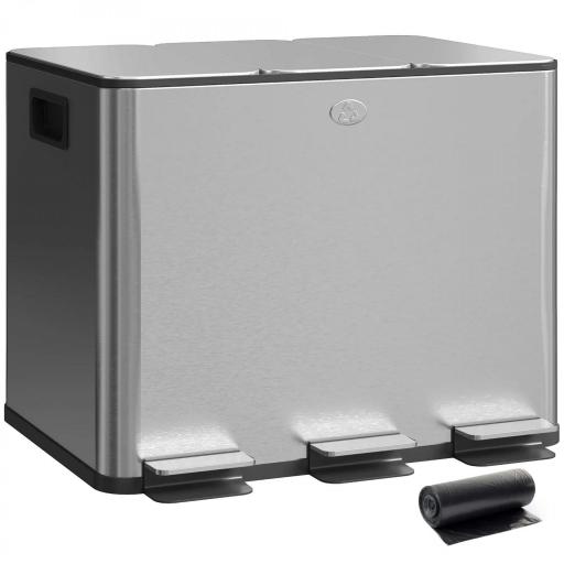 Papelera Cocina de Acero Inoxidable con 3 Compartimentos 3x10L con Pedales Tapas de Cierre Suave y Cubo Extraíble Plata [9]
