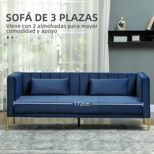 Sofá de 3 Plazas con Tapizado Aterciopelado Estructura Reforzada y Patas Doradas para Salón 194,5x76x76 cm Azul Marino [2]