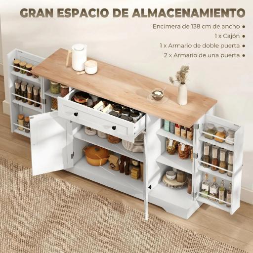 Aparador de Cocina con Cajón Estantes en las Puertas Estantes Ajustables Barra de Café 138x40x83,5 cm Blanco [2]