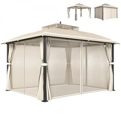 Carpa para Jardín con Techo Doble Cenador con Mosquiteras y Cortinas para Exterior Terraza 370x303x290 cm Beige [9]
