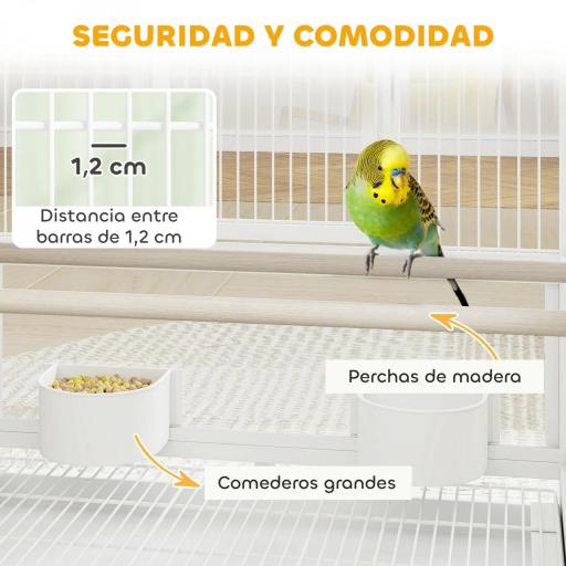 Jaula para Pájaros de 2 Niveles con Paneles Acrílicos Comederos Perchas Ruedas y Estante Inferior 48x46x134,5 cm Blanco [2]