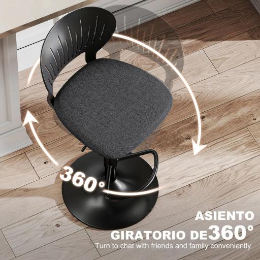 Juego de 2 Taburetes de Bar Giratorios en 360° Regulables en Altura de 84-105 cm Respaldo Hueco Reposapiés Negro [3]