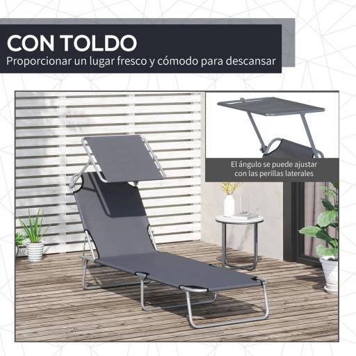 Tumbona de jardín Plegable con Toldo y Respaldo Reclinable para Jardín Terraza Acampada 187x58x36cm Gris [3]