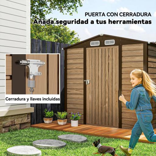 Caseta de Jardín 190x131x188 cm Cobertizo Metálico para Herramientas con 2 Ventilaciones y Puerta para Terraza Roble [4]