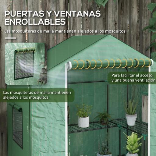 Invernadero con 1 Puerta 2 Ventanas y Estantes de 2 Niveles en Forma de U para Cultivo de Plantas 140x73x190 cm Verde [2]