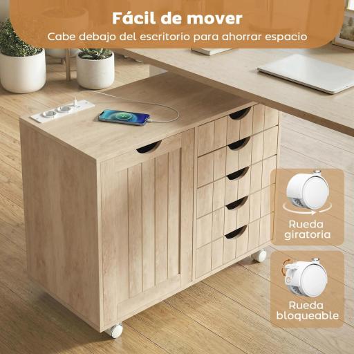 Mueble para Impresora con Estación de Carga y Ruedas 5 Cajones Puertos USB Estante Ajustable Natural [4]
