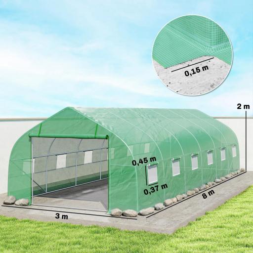 Invernadero de Exterior Invernadero de Túnel 8x3x2 m Invernadero de Jardín con 12 Ventanas y Puerta Enrollable para Cultivo Plantas Tomates Verduras Acero y PE 140 g/m² Verde [1]