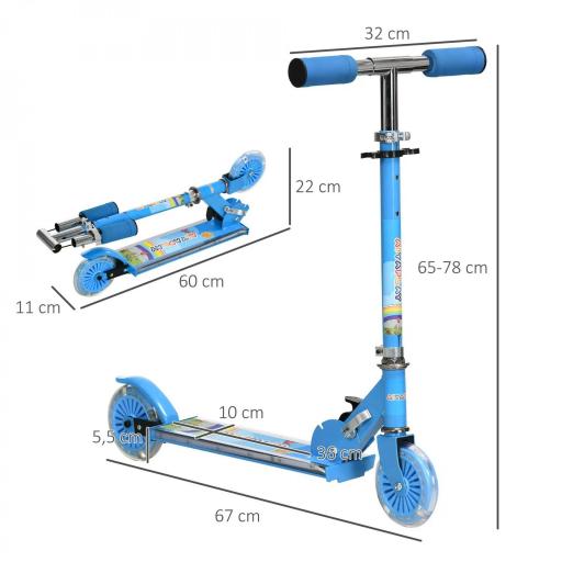 Patinete Infantil Plegable con Luces Música Altura Ajustable Ruedas Brillantes Pedal LED Carga 50kg 67x32x65-78 cm Azul [1]