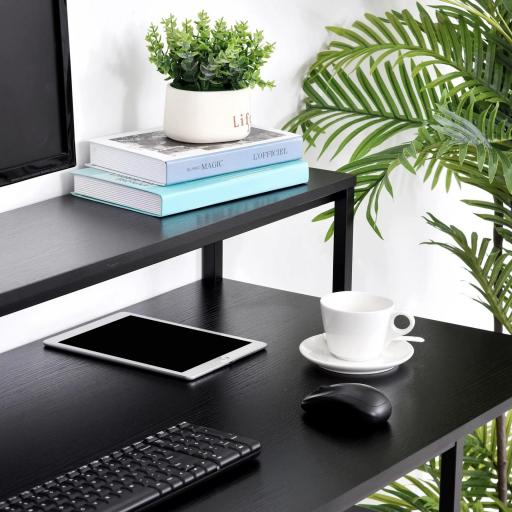 Mesa para Computadora Escritorio de Oficina Estudio con 3 Estantes Tabla Superior Patas con Almohadillas Ajustables Antideslizantes Marco Metálico 140x60x93 cm Negro [6]