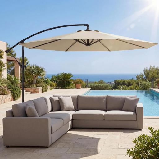 Parasol Excéntrico Ø300 cm con Base Cruzada Toldo Ajustable y Manivela UPF30+ para Terraza Patio Blanco Crema [3]